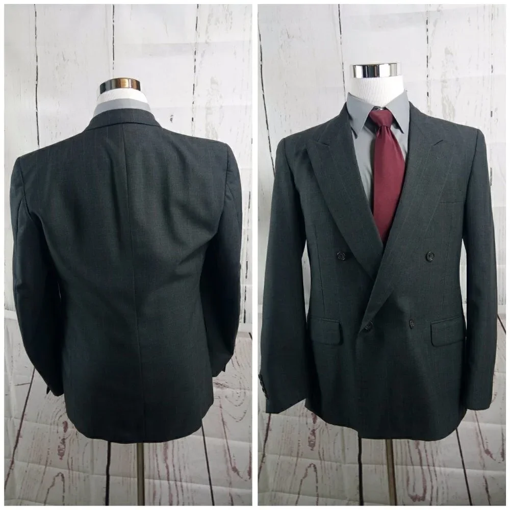 Evan Picone 41R 2 Button Double Breasted Dk Gray Striped Suit Blazer Sport Coat